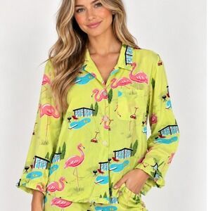 Nick & Nora Backyard Flamingo Button Down Pajama Top Relaxation Comfy Clean Girl